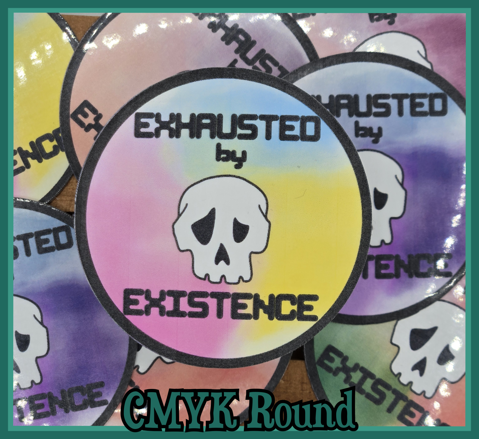 STICKER - Exhausted by existence skull vinyl waterproof sticker (round or shape die cut sticker; multiple colors)