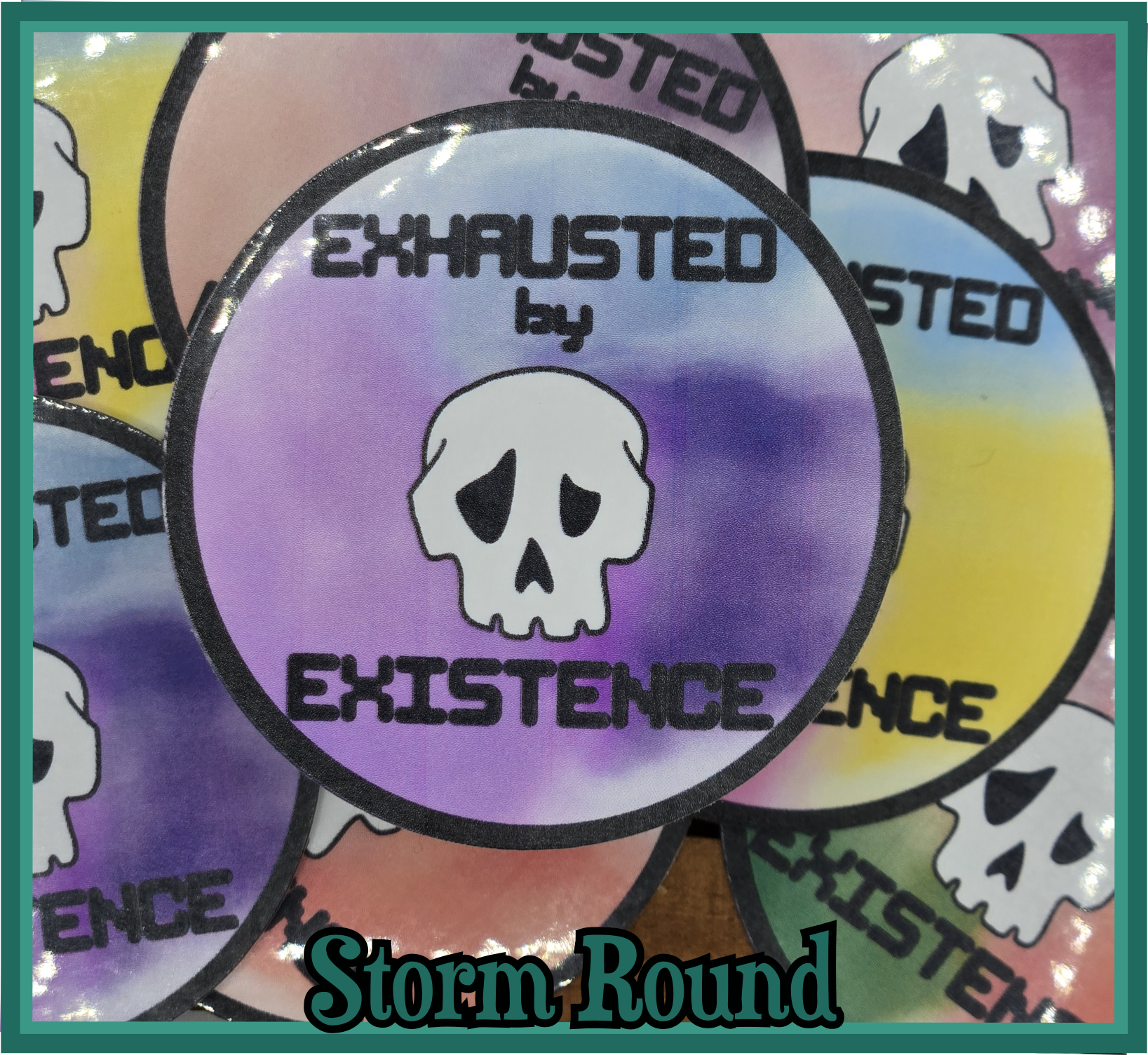 STICKER - Exhausted by existence skull vinyl waterproof sticker (round or shape die cut sticker; multiple colors)
